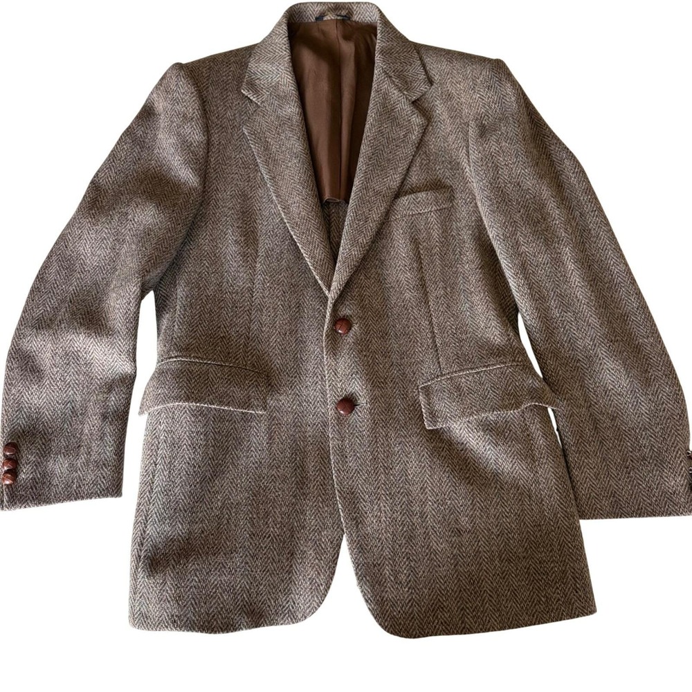 Vintage Austin Scott Harris Tweed Blazer 40R Herringbone 100% Scottish Wool